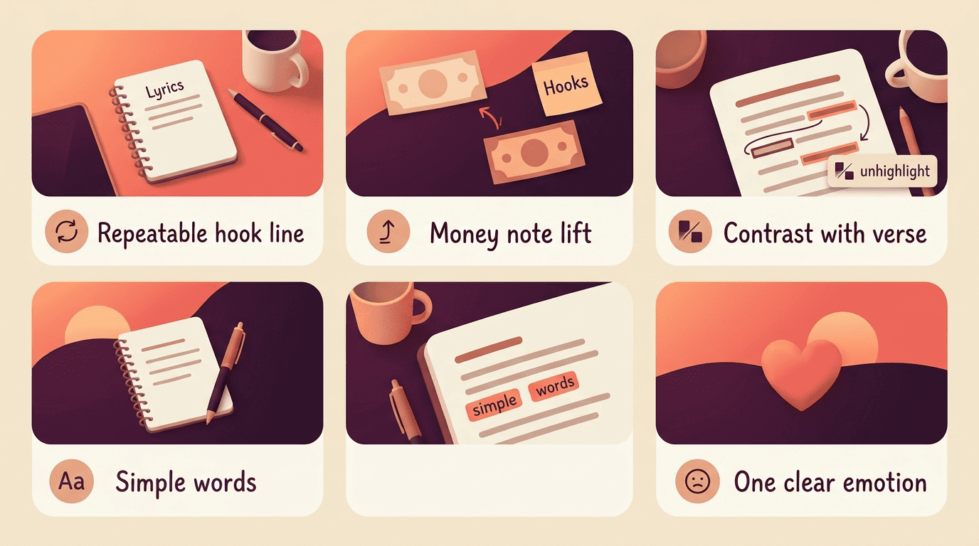 Five cards showing traits of a catchy chorus: repeatable hook line, money note lift, contrast with verse, simple words, one clear emotion