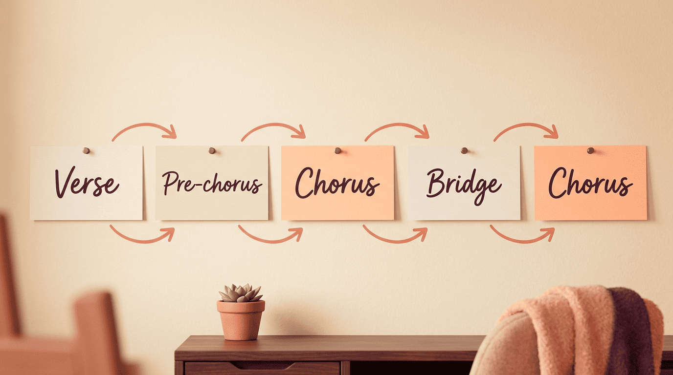 Index cards mapping a common song structure: Verse, Pre-chorus, Chorus, Bridge, Chorus connected by arrows