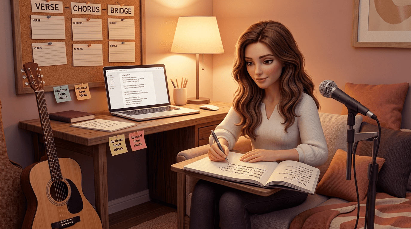 A songwriter writing country lines in a lyric notebook at a cozy home studio with a guitar and microphone