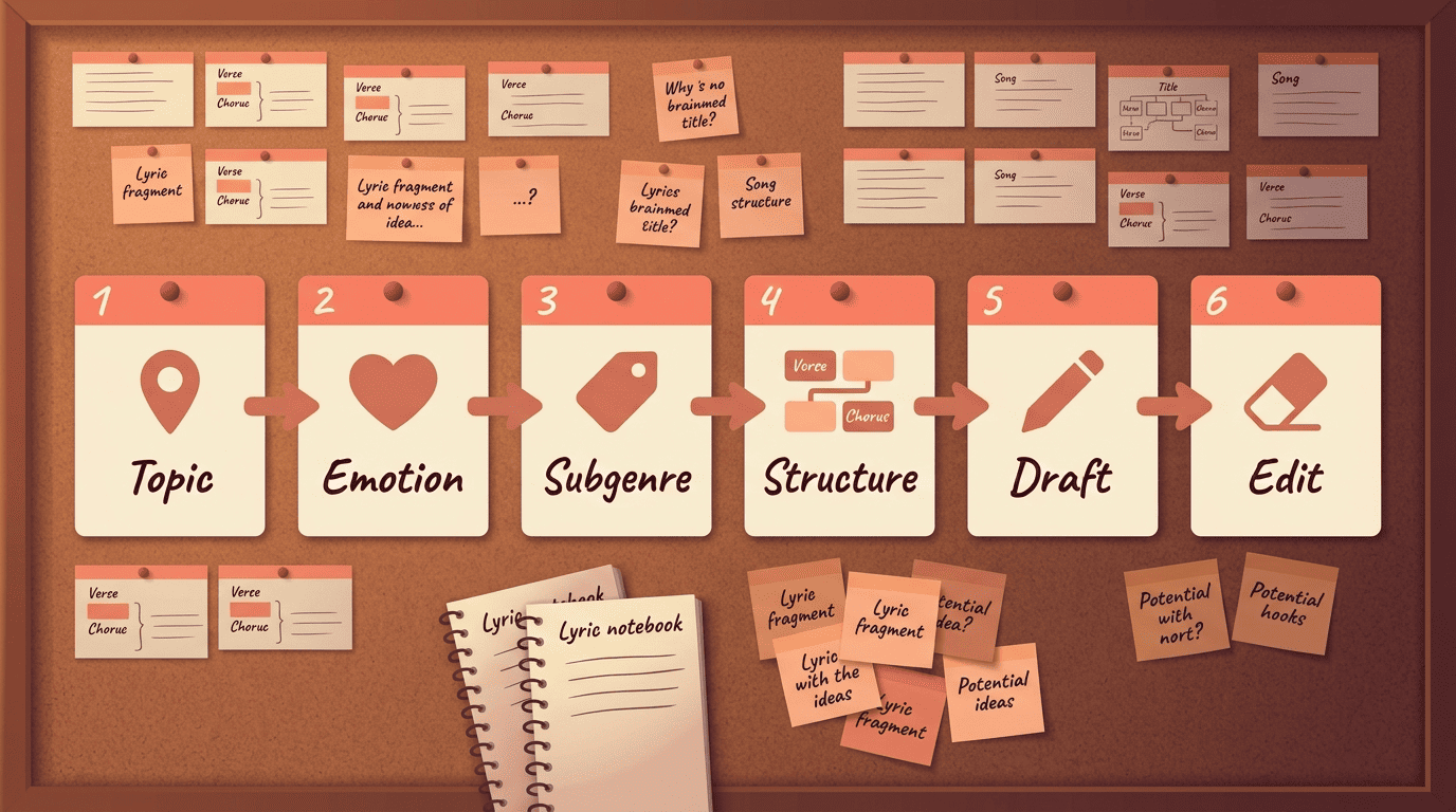 Six-step process from topic to edit for generating a country lyric