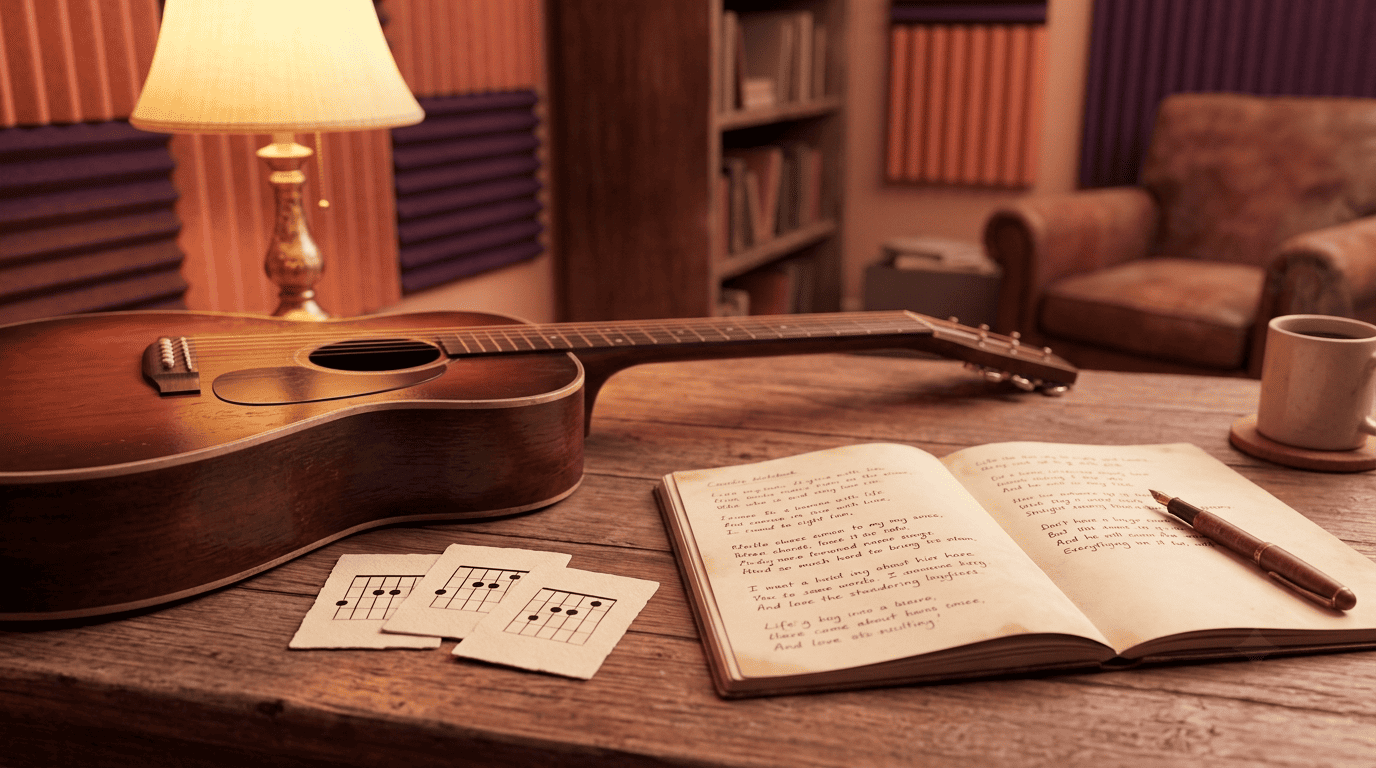 An acoustic guitar with three chord cards beside an open lyric notebook under warm lamplight