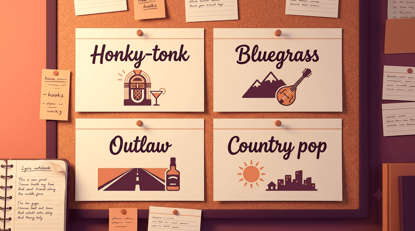 Grid of four country subgenres — honky-tonk, bluegrass, outlaw, country pop — with matching imagery