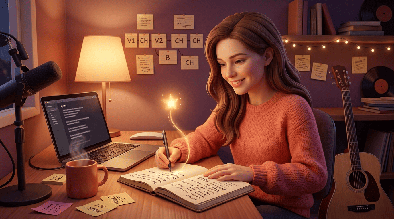 Songwriter Wren writing verses in a lyric notebook as a spark of an idea turns into song lines