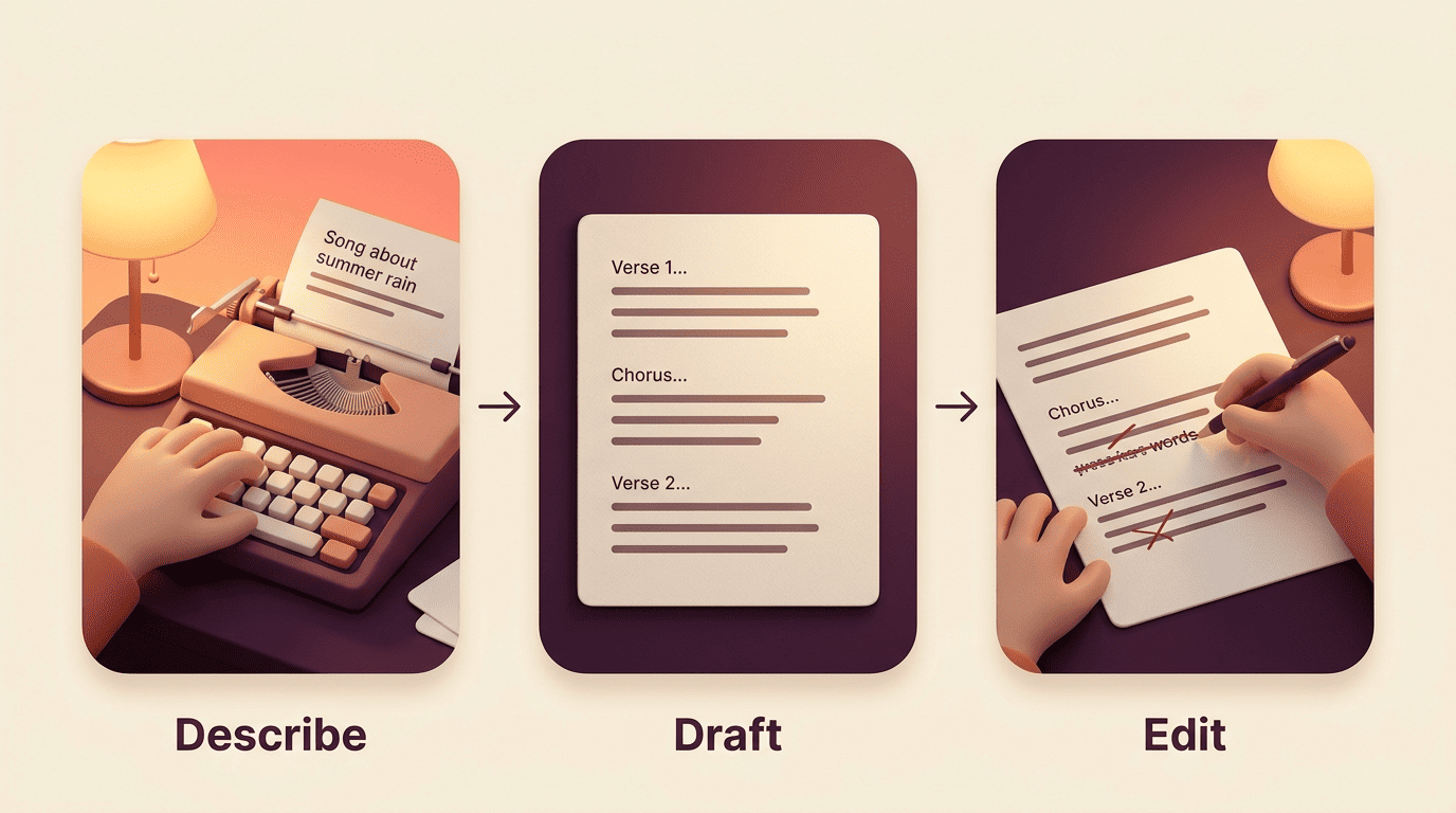 Three-step diagram labelled Describe, Draft, Edit showing how an AI lyrics generator works