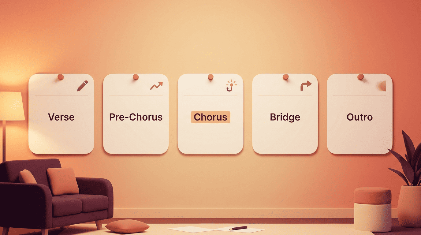 Infographic of song sections shown as cards: Verse, Pre-Chorus, Chorus, Bridge, Outro