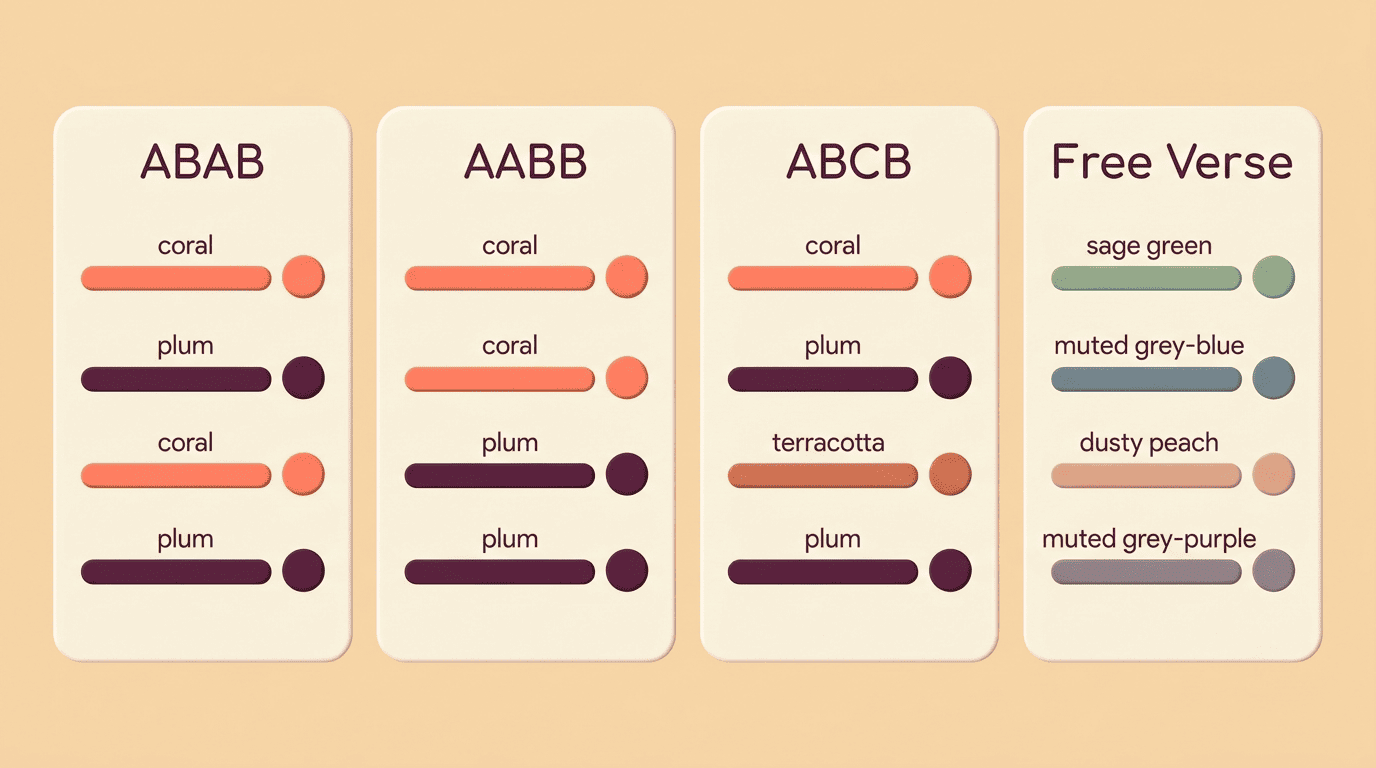 Comparison chart of four rhyme schemes: ABAB, AABB, ABCB and free verse, with color-coded rhyming line endings
