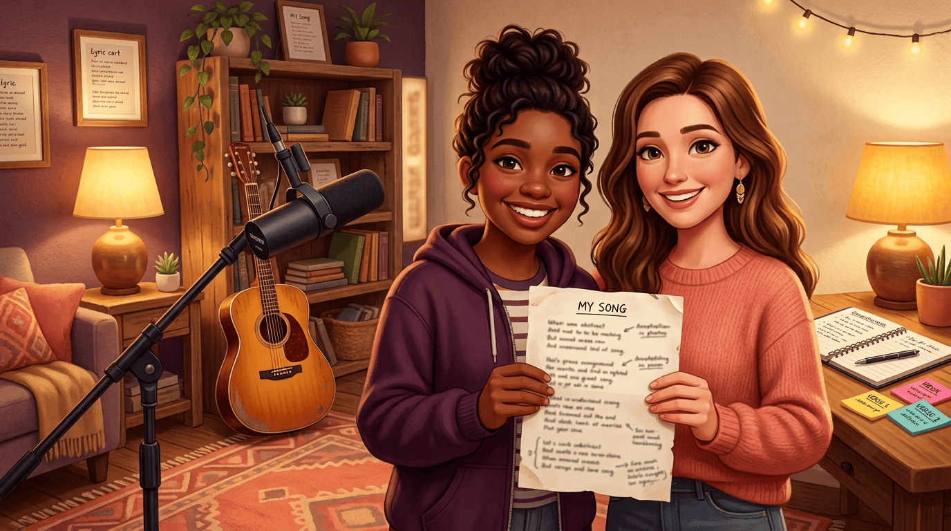 Two songwriters smiling as they proudly hold up a finished original handwritten lyric sheet