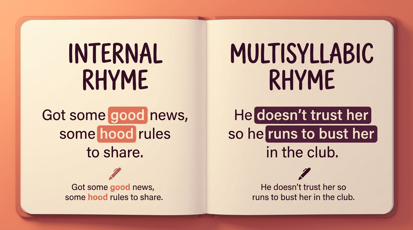 Side-by-side lyric page comparing internal rhyme (mid-line matches) with multisyllabic rhyme (multi-word matches)