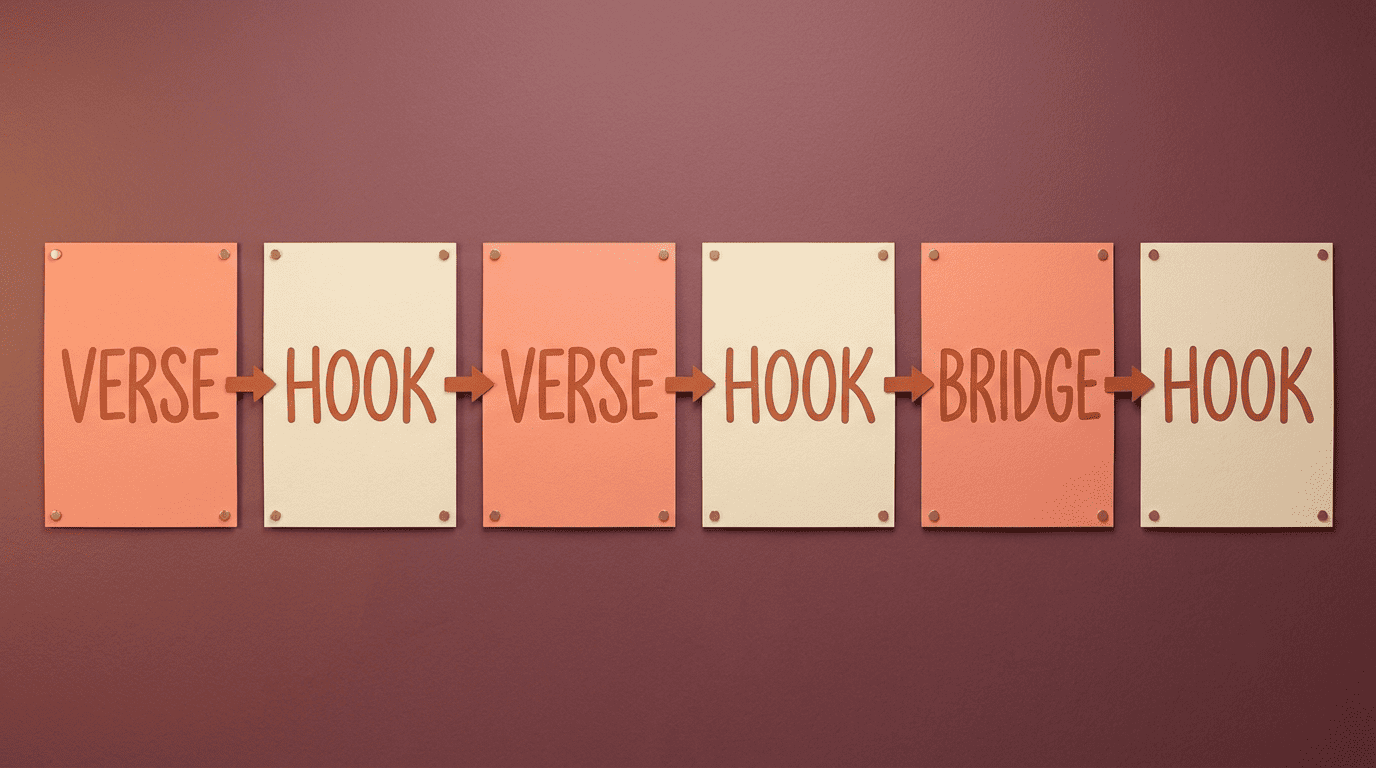 Index cards mapping a rap song structure left to right: verse, hook, verse, hook, bridge, hook
