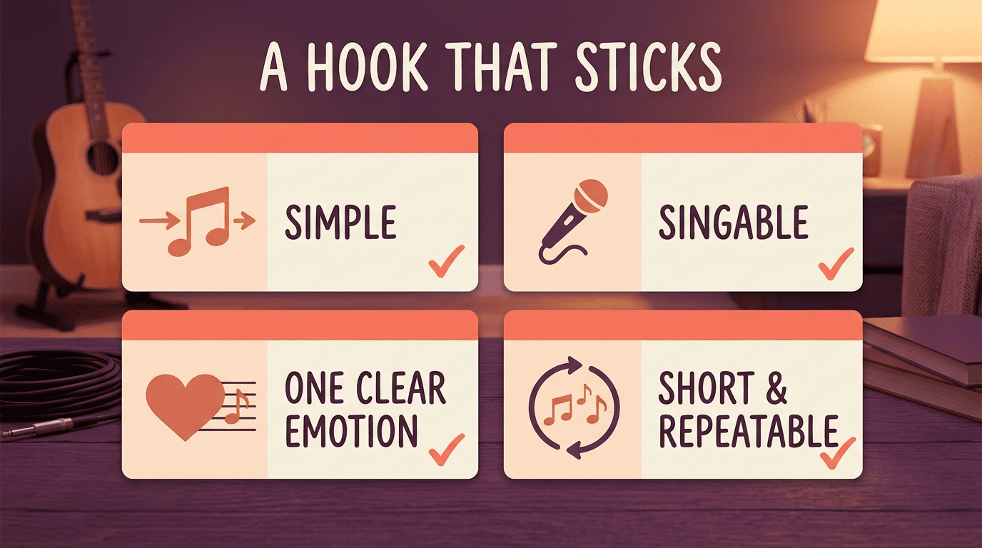 Checklist infographic for a memorable rap hook: simple, singable, one clear emotion, short and repeatable