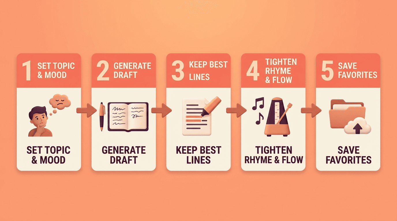 Five-step workflow from idea to finished rap verse: set topic and mood, generate draft, keep best lines, tighten rhyme and flow, save favorites