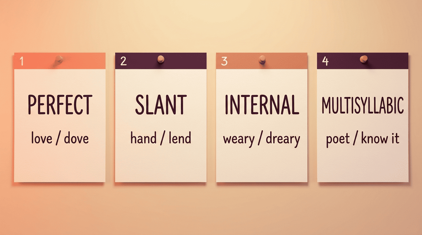 Four cards comparing perfect, slant, internal, and multisyllabic rhyme with example word pairs
