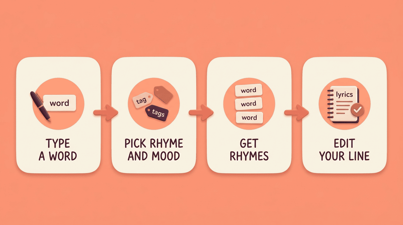 Four-step diagram: type a word, pick rhyme and mood, get rhymes, edit your line