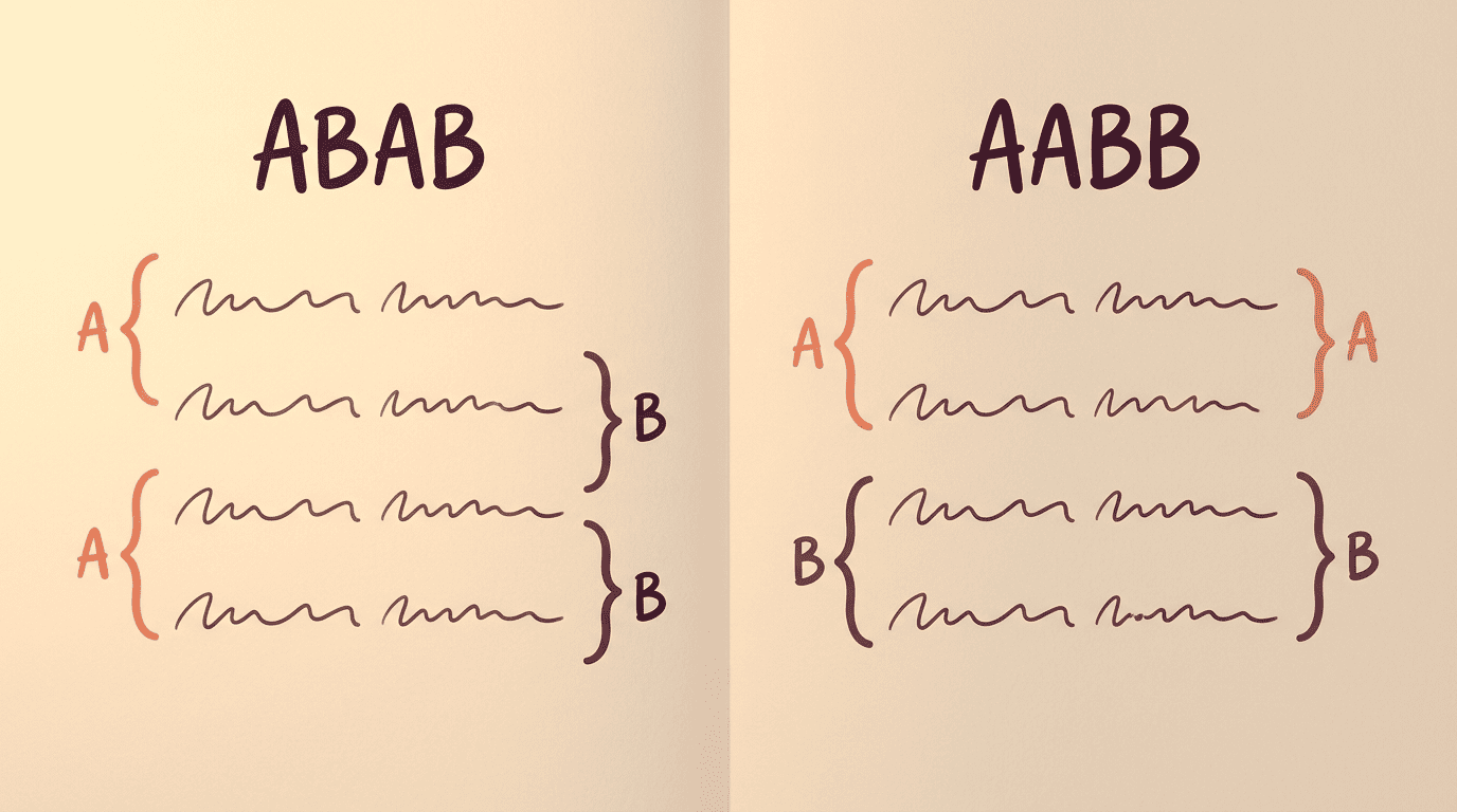 Side-by-side comparison of ABAB alternate rhyme and AABB coupled rhyme schemes