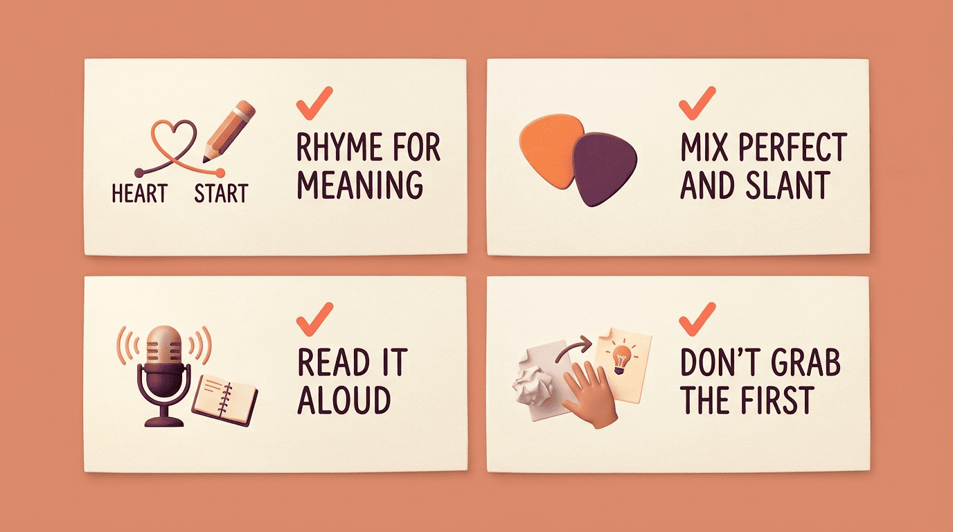 Checklist of four songwriting tips: rhyme for meaning, mix perfect and slant, read it aloud, don't grab the first