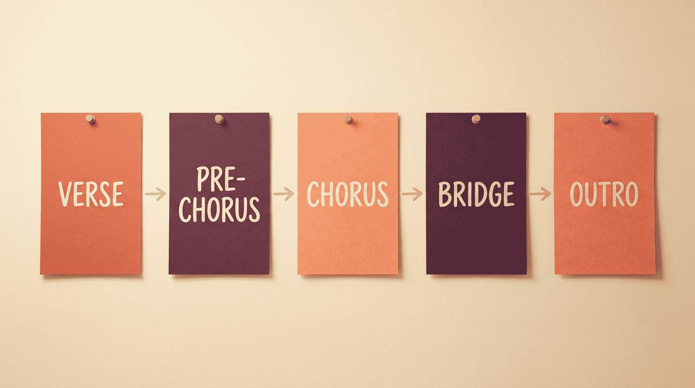 Pop song structure mapped as cards: verse, pre-chorus, chorus, bridge, outro