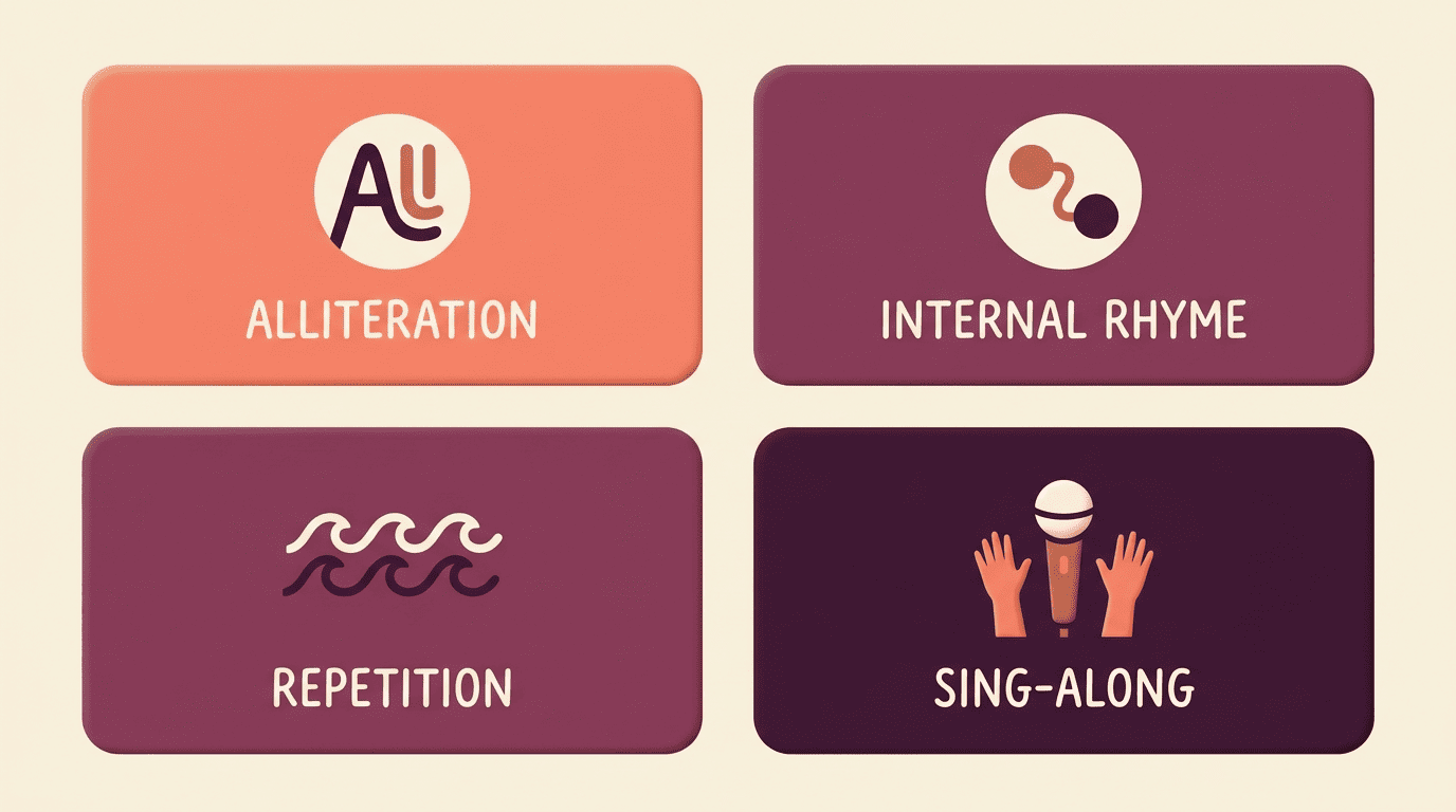 Four catchy pop hook techniques: alliteration, internal rhyme, repetition, and sing-along