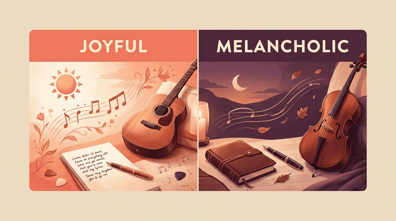 Joyful versus melancholic pop lyrics compared by imagery and rhythm