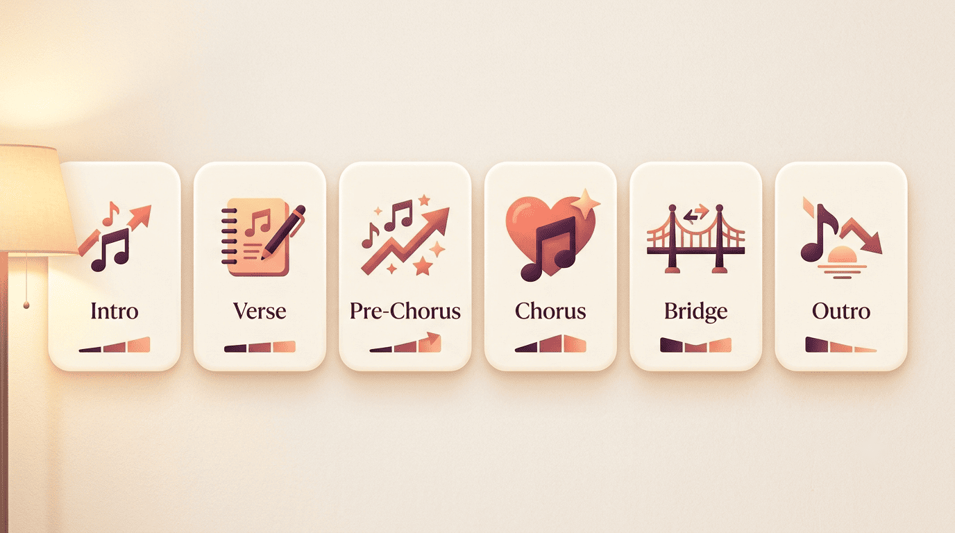 Infographic of song sections Intro, Verse, Pre-Chorus, Chorus, Bridge, and Outro with rising and falling energy