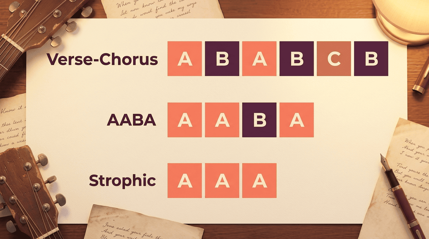 Comparison of song forms showing verse-chorus ABABCB, AABA, and strophic AAA block patterns