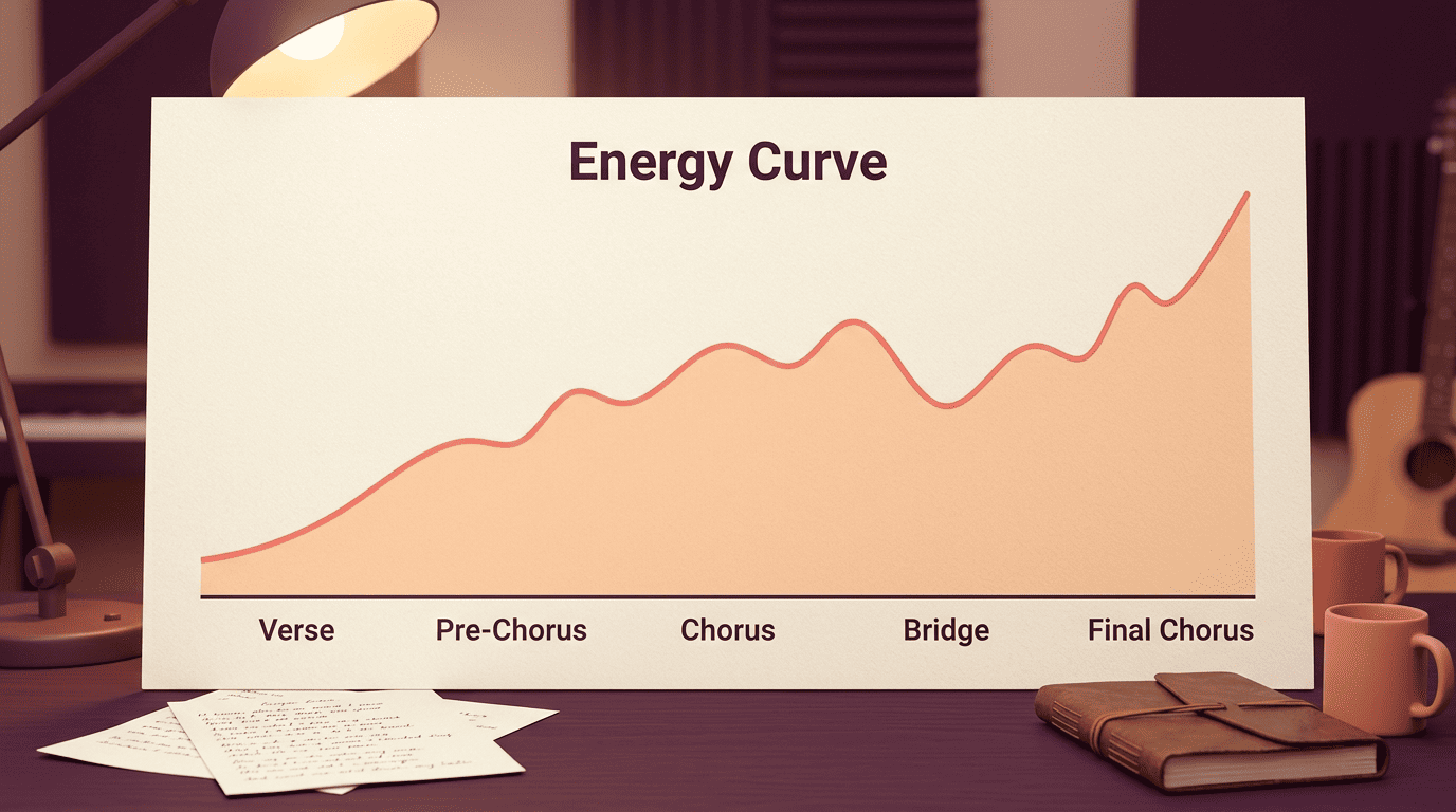 Line chart of a song's energy curve rising across verse, pre-chorus, chorus, and bridge to a peak at the final chorus