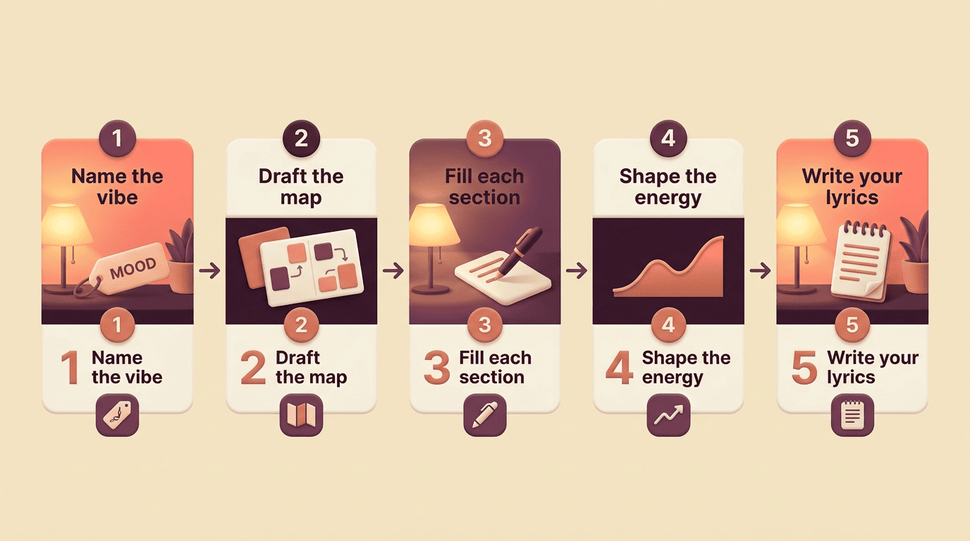 Five-step workflow for using an AI song structure generator: name the vibe, draft the map, fill each section, shape the energy, write your lyrics