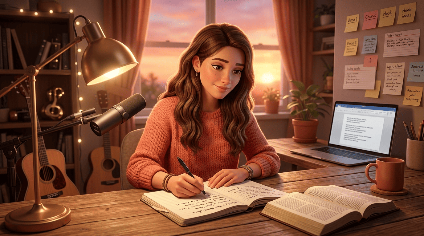 A singer-songwriter writing worship lyrics from an open Bible in a cozy home studio
