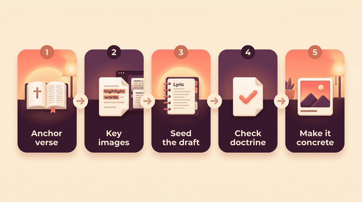Five-step diagram: anchor verse, key images, seed the draft, check doctrine, make it concrete