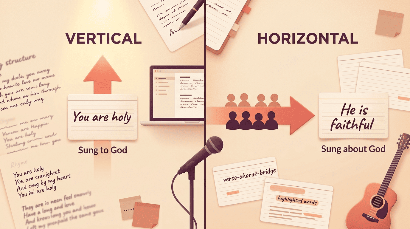 Split comparison of vertical worship lyrics sung to God and horizontal lyrics sung about God