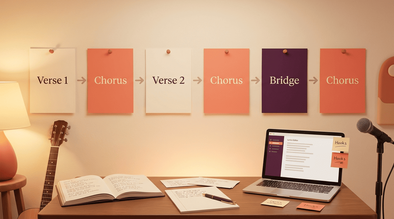 Index cards showing worship song structure: Verse, Chorus, Verse, Chorus, Bridge, Chorus