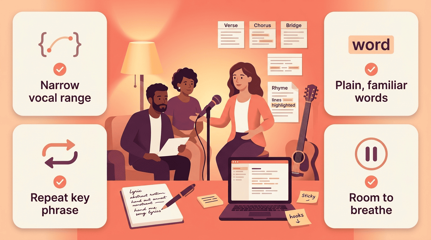 Four-card checklist for congregational singability with a worship team in the center