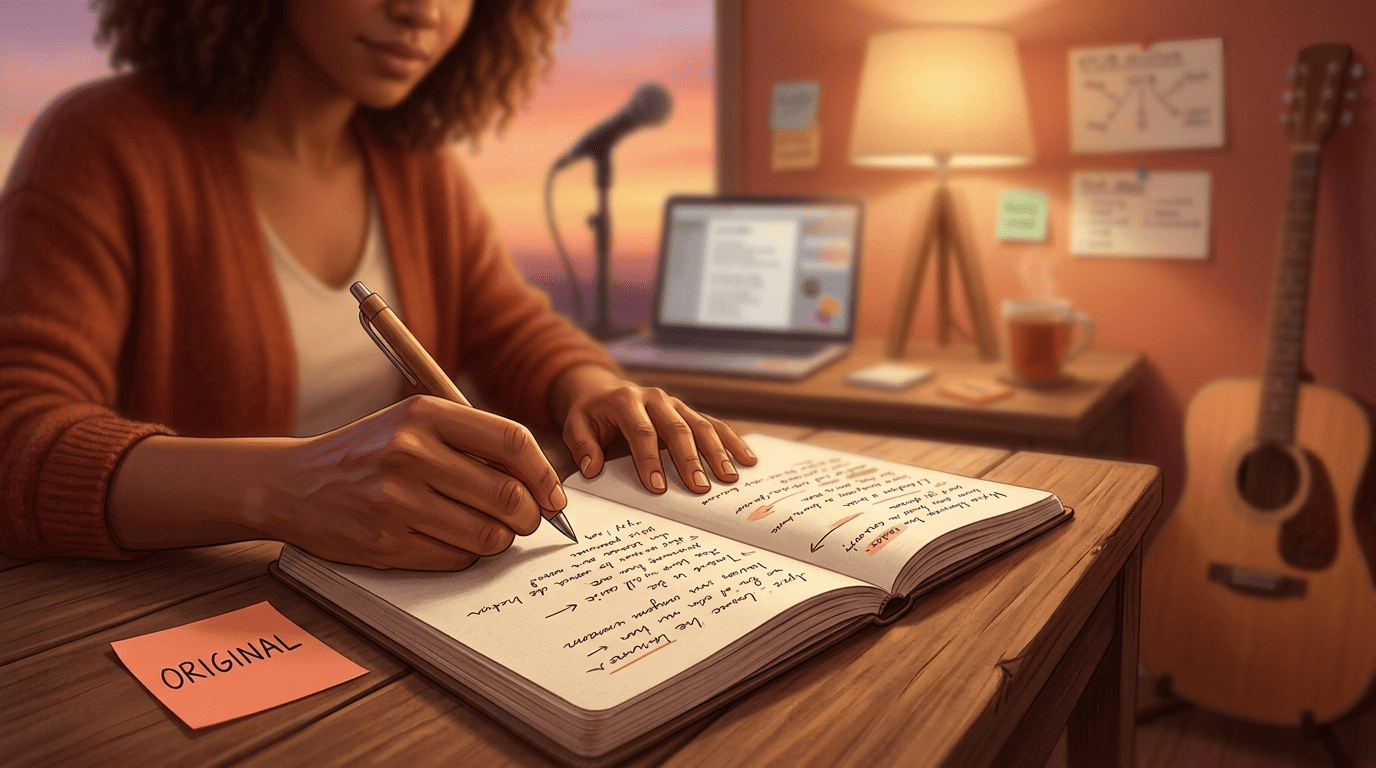 A songwriter rewriting a worship lyric by hand beside a sticky note reading Original