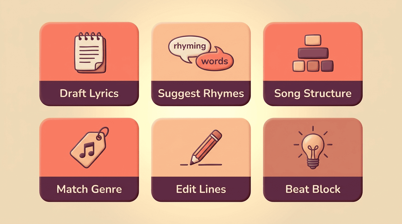 Six-card infographic of what a free AI song writer does