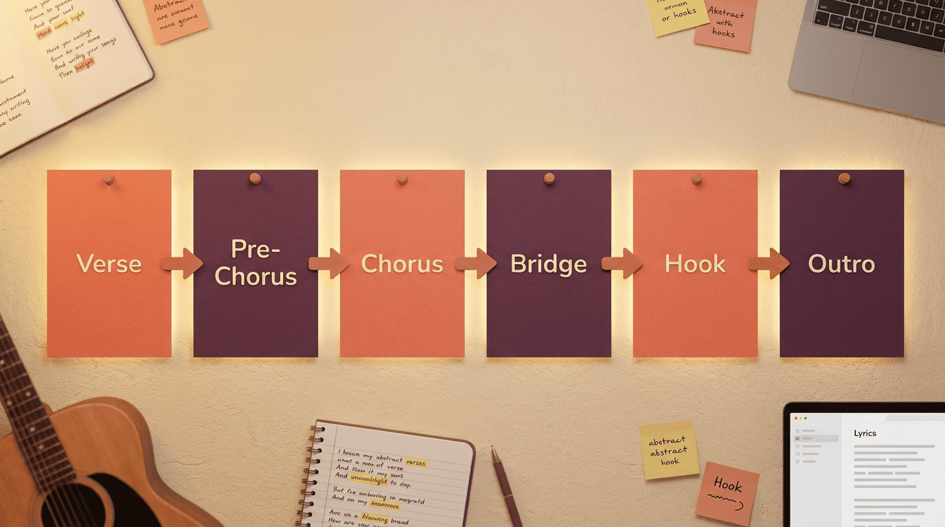 Horizontal diagram of song structure cards from verse to outro