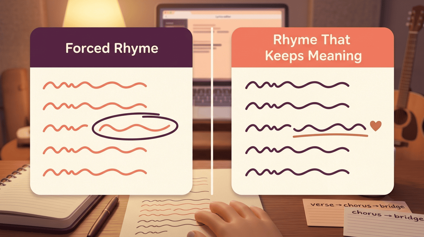 Side-by-side comparison of a forced rhyme versus a rhyme that keeps meaning