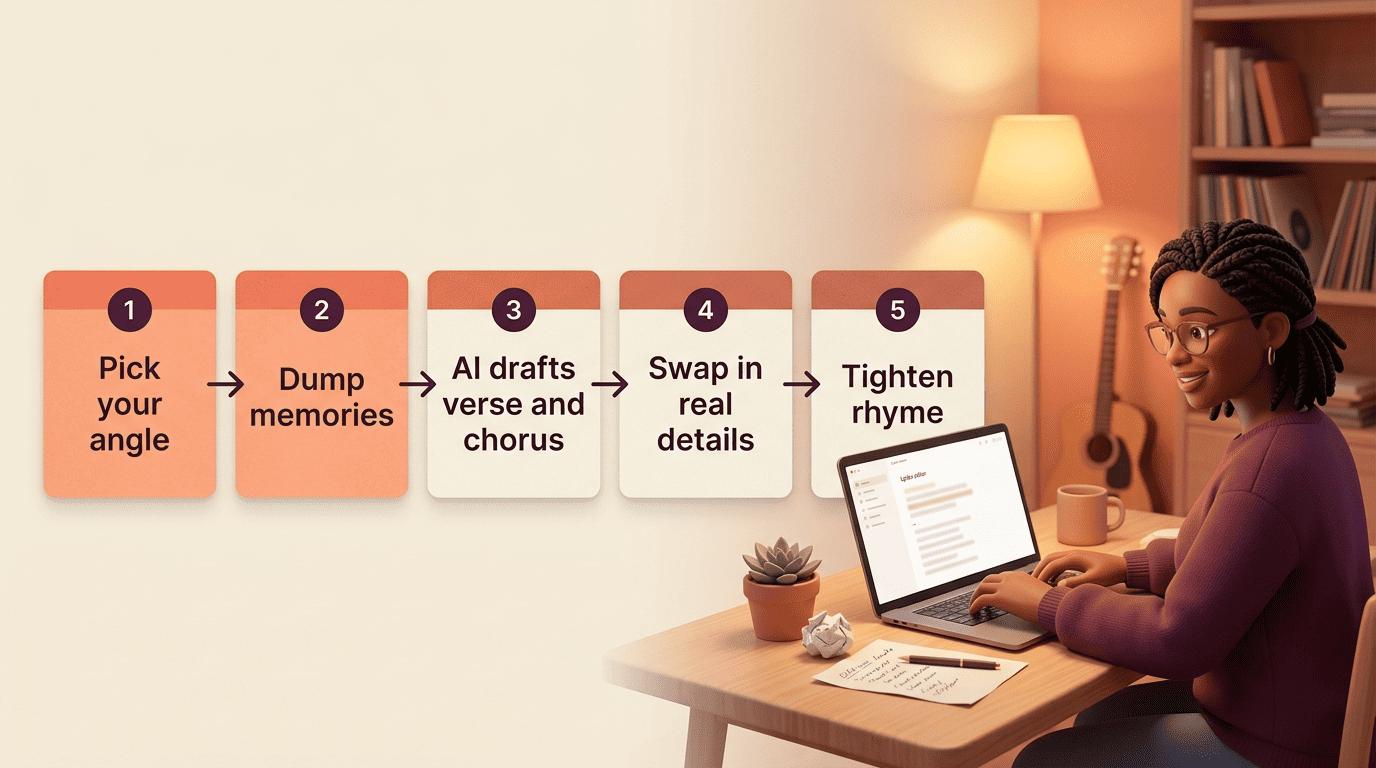 Five-step workflow for co-writing a love song with an AI songwriting assistant, from picking an angle to tightening the rhyme