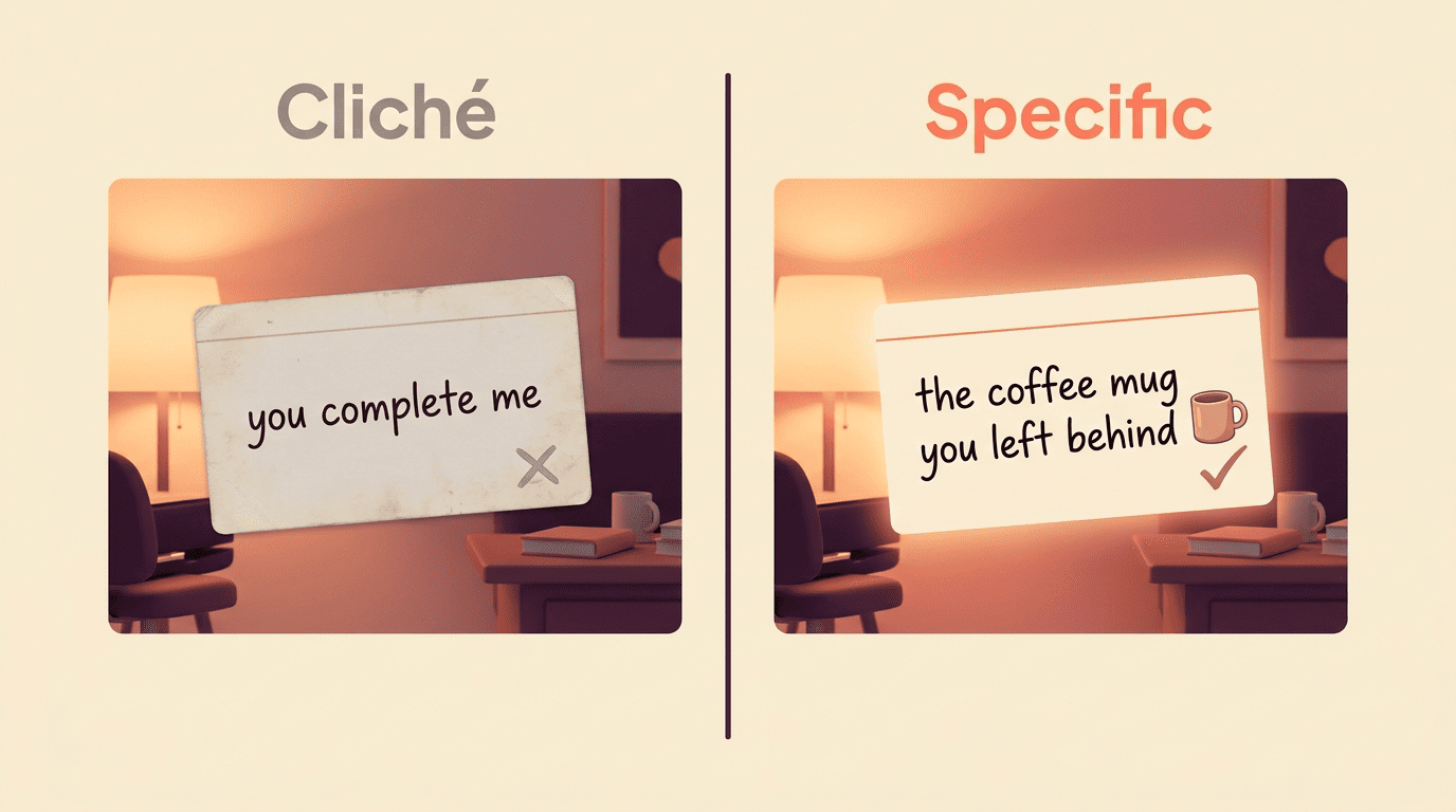 Split-screen comparison contrasting the cliché line 'you complete me' with the specific line 'the coffee mug you left behind'