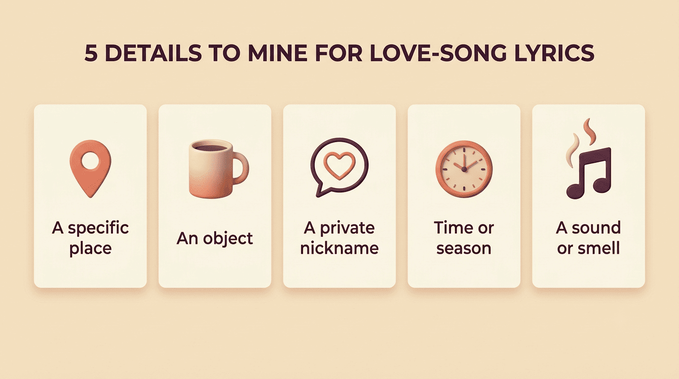 Infographic of five personal details to mine for love-song lyrics: a place, an object, a nickname, a time or season, a sound or smell