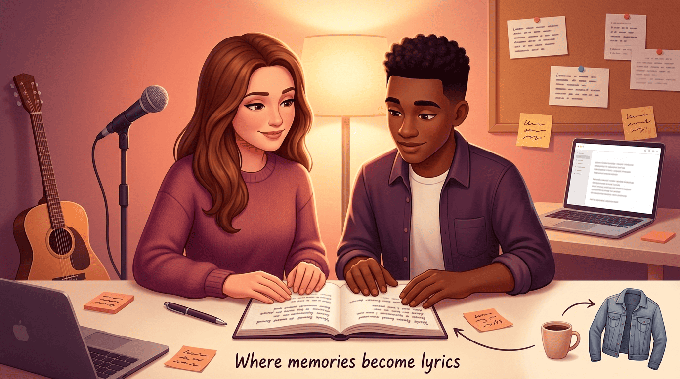 A songwriter and Lyrivo's mentor Wren turning a coffee mug and denim jacket memory into a handwritten lyric line