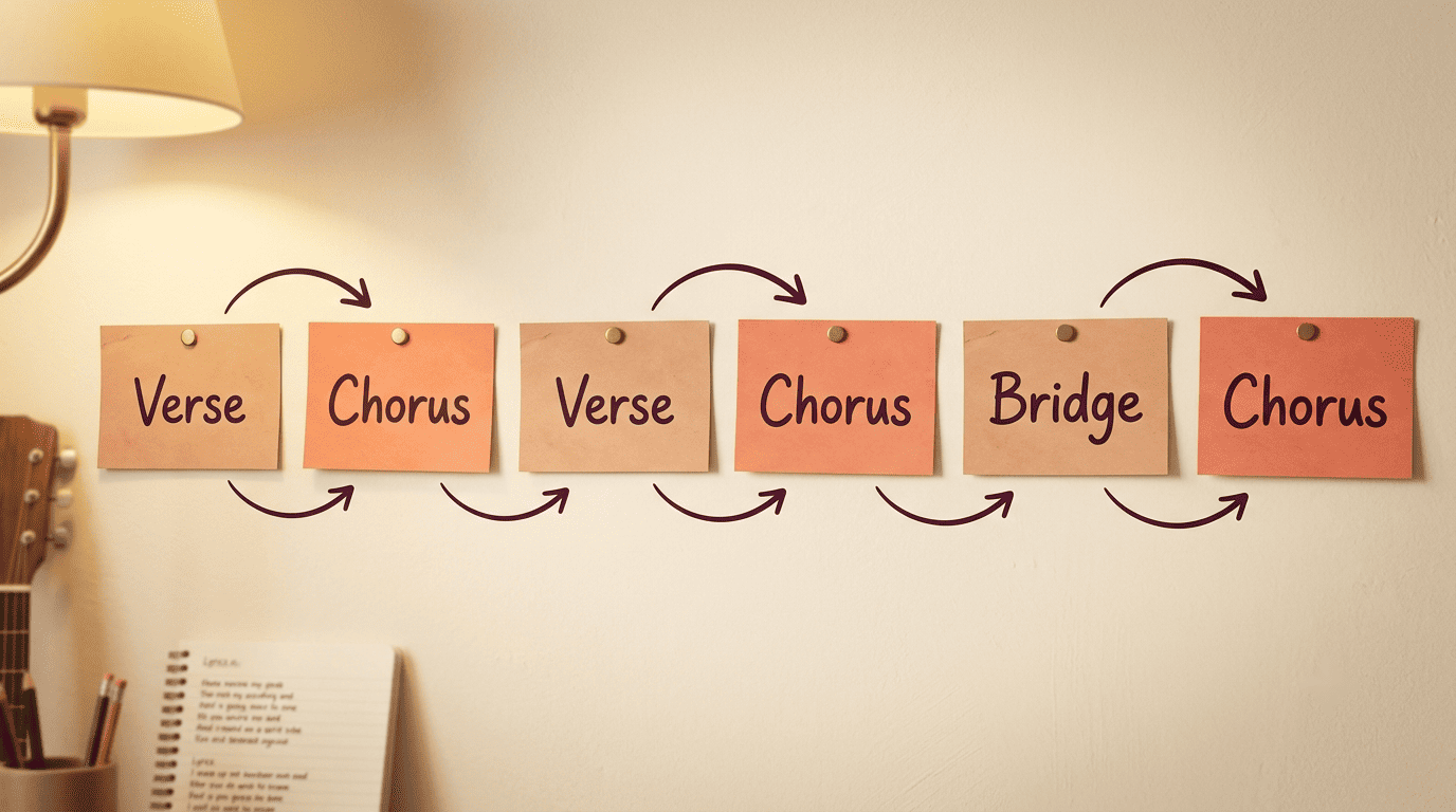 A love-song structure map: Verse, Chorus, Verse, Chorus, Bridge, Chorus shown as index cards with arrows