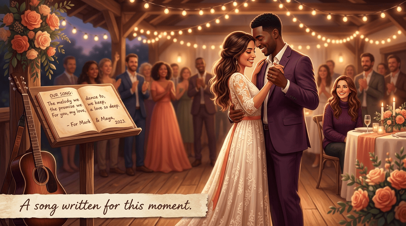 A couple's wedding first dance with a personalized love-song lyric sheet on a stand beside an acoustic guitar