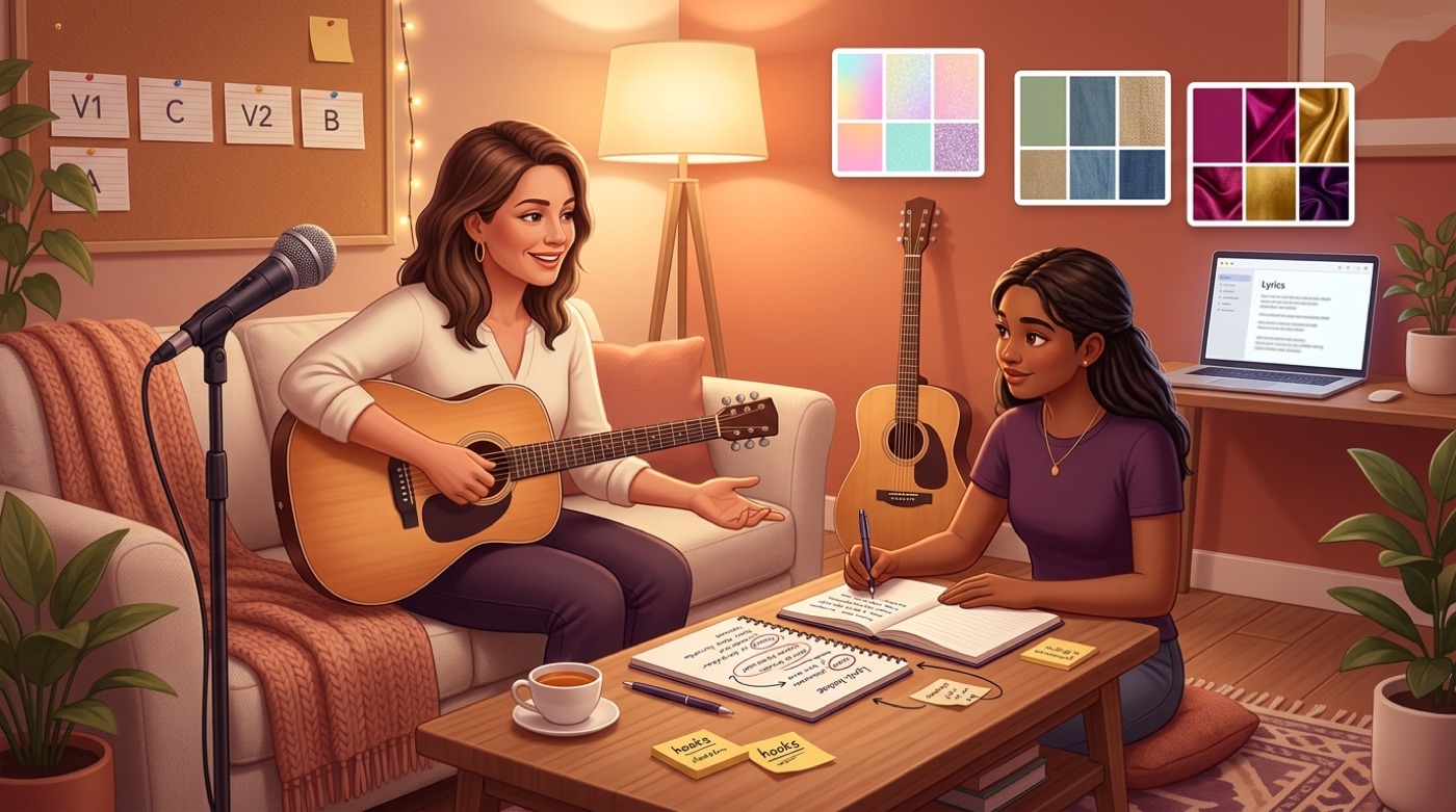 A songwriter with an acoustic guitar and microphone adapting lyrics across pop, country and R&B moods