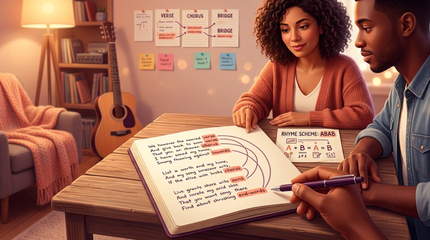 A lyric page with highlighted rhyming words and rhyme-scheme lines mapped out