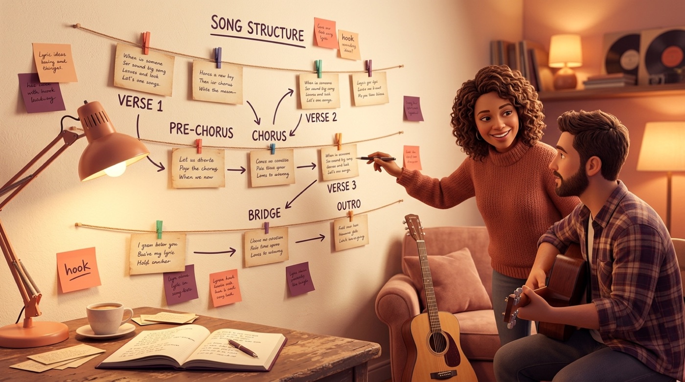 Index cards on a wall mapping verse, pre-chorus, chorus, bridge and hook song structure