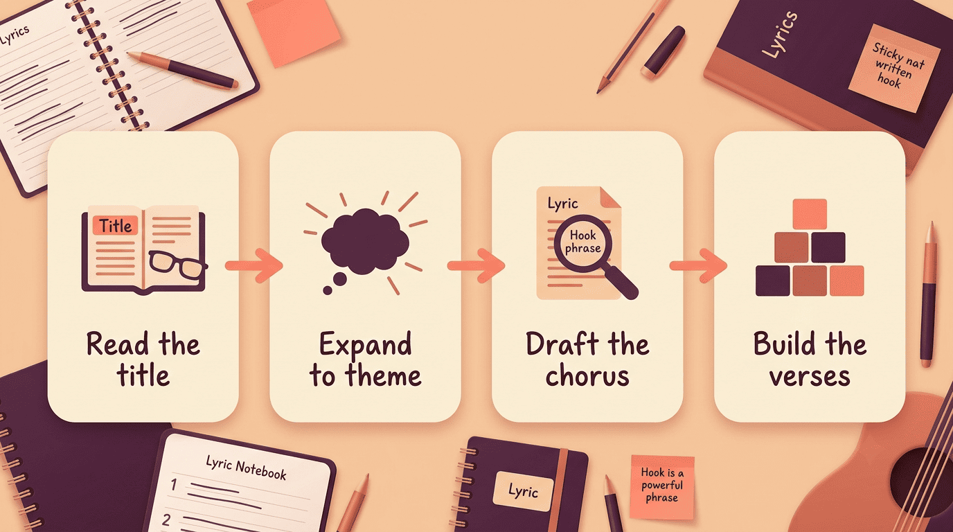 Four-step process turning a song title into full lyrics: read the title, expand to theme, draft the chorus, build the verses