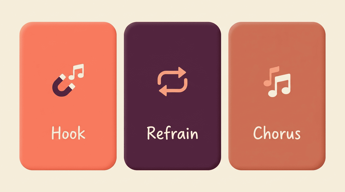 Comparison of hook, refrain, and chorus in a song