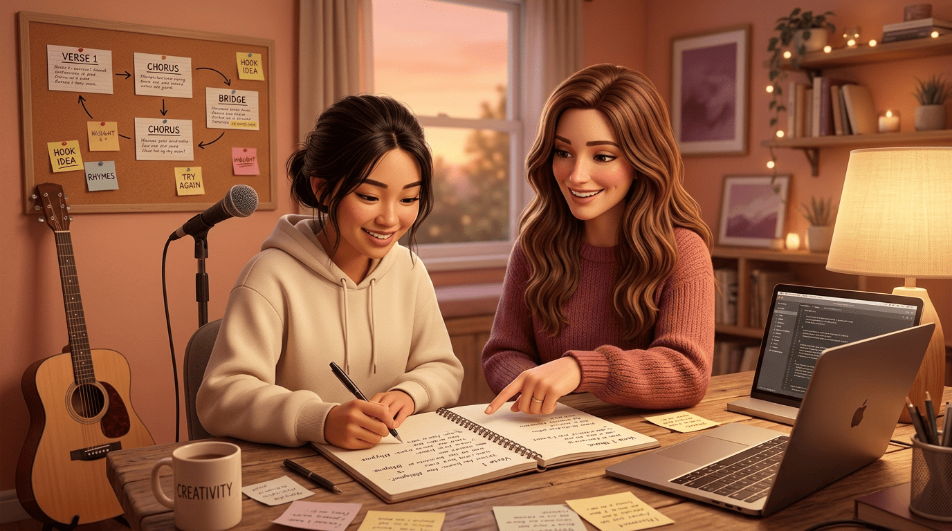 A friendly songwriting mentor helps a stuck songwriter fill the first verse in a cozy lamplit home studio
