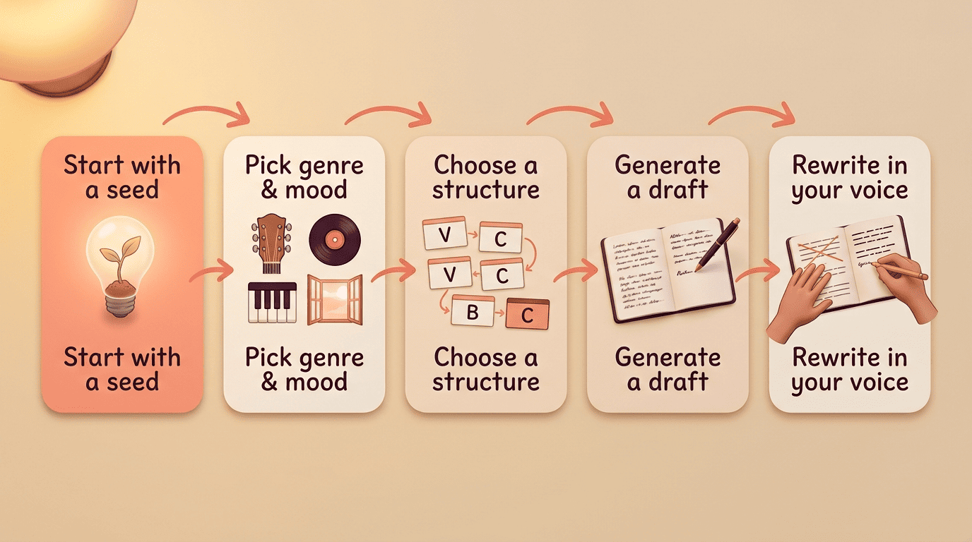 Five-step process: start with a seed, pick genre and mood, choose a structure, generate a draft, rewrite in your voice