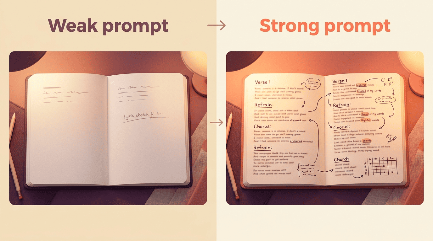 Split-screen comparison of a sparse weak-prompt lyric page versus a rich, detailed strong-prompt page