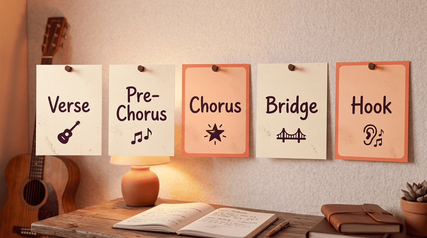 Song structure cards pinned in a row: Verse, Pre-Chorus, Chorus, Bridge, Hook, with Chorus and Hook highlighted